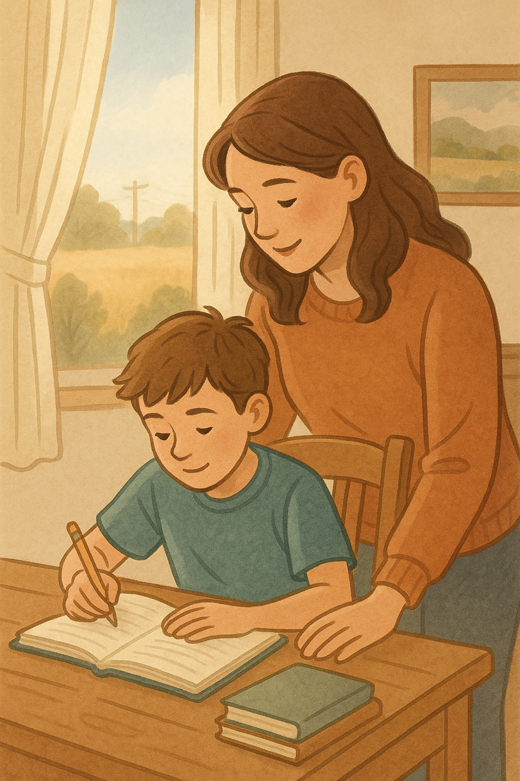 mother helping son with homework