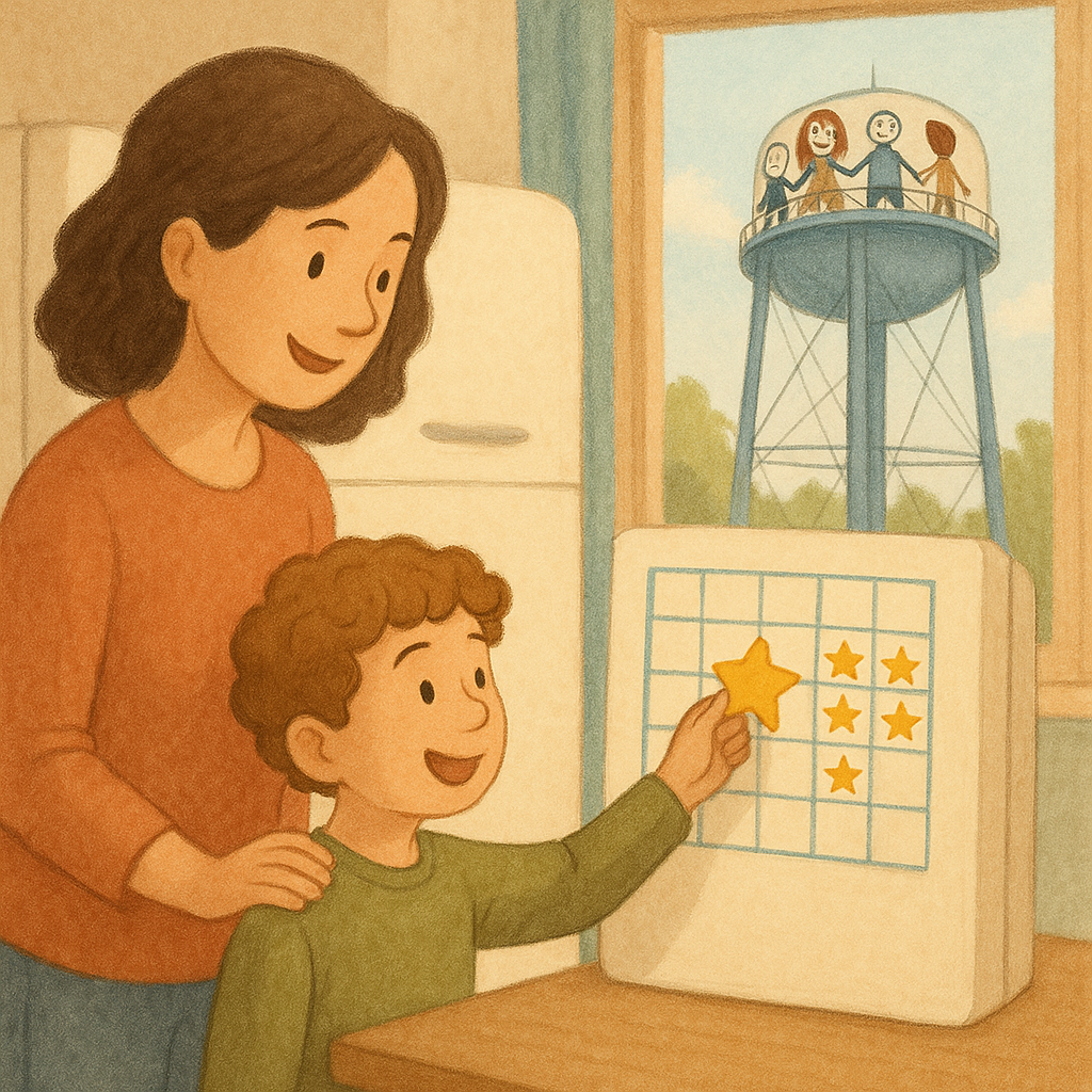parent and son with star chart