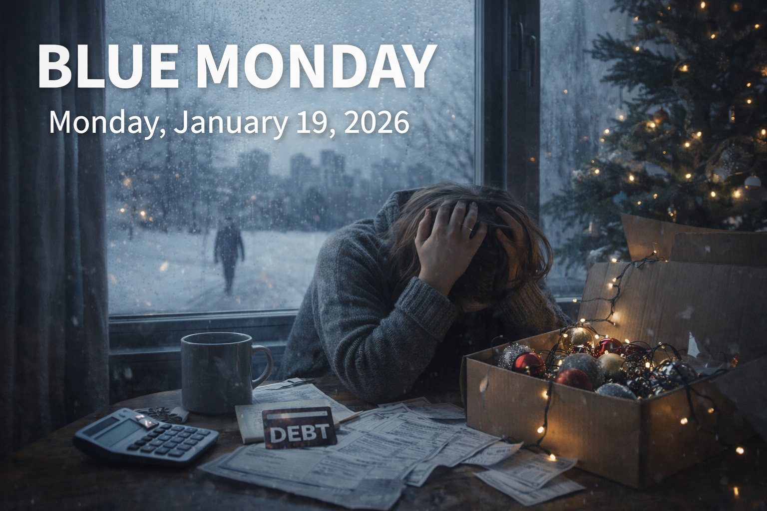 Person with head in hands at a kitchen table, surrounded by holiday debt bills, a calculator, and Christmas decorations, with a snowy cityscape outside the window on Blue Monday.