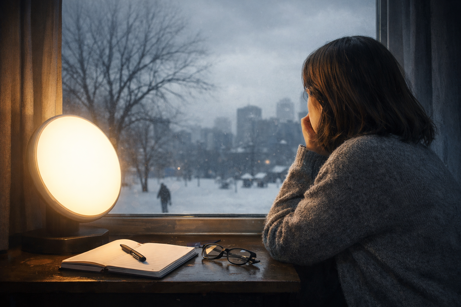 Woman gazing out a window on a snowy winter day with a glowing sun lamp and journal beside her, symbolizing Seasonal Affective Disorder (SAD) and introspection.