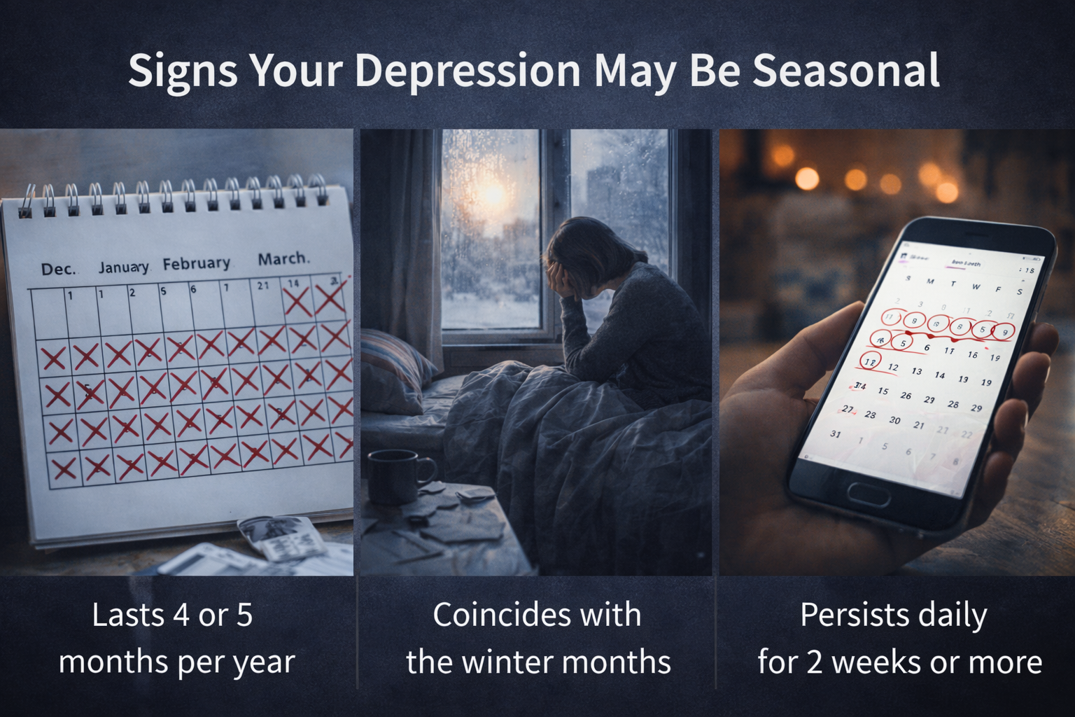 Three-panel image showing signs of seasonal depression: a calendar marked for four months, a woman sitting in bed during winter, and a phone calendar highlighting two weeks of persistent symptoms.