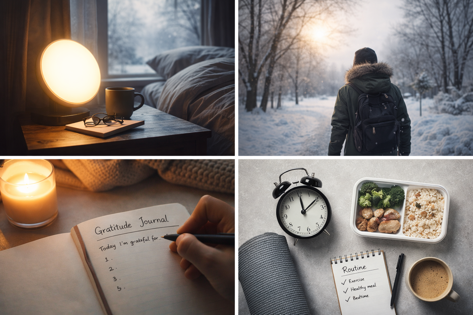 Four scenes representing self-care strategies for Seasonal Affective Disorder: a sun lamp on a nightstand, a person walking in a snowy park, a hand writing in a gratitude journal, and a healthy routine setup with food, alarm clock, and a checklist.